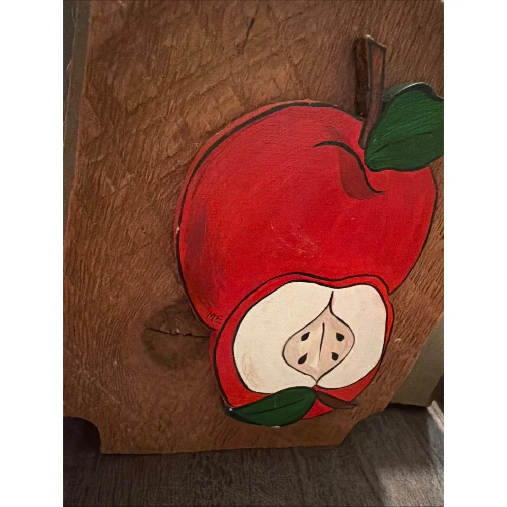 Vintage Hand Painted Wood Apple Wall Plaque Farmhouse Kitchen Decor  Sliced 7x6
